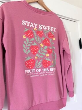 Fruit of the Spirit Christian Pullover Sweater Medium Bow Fruit Strawberries